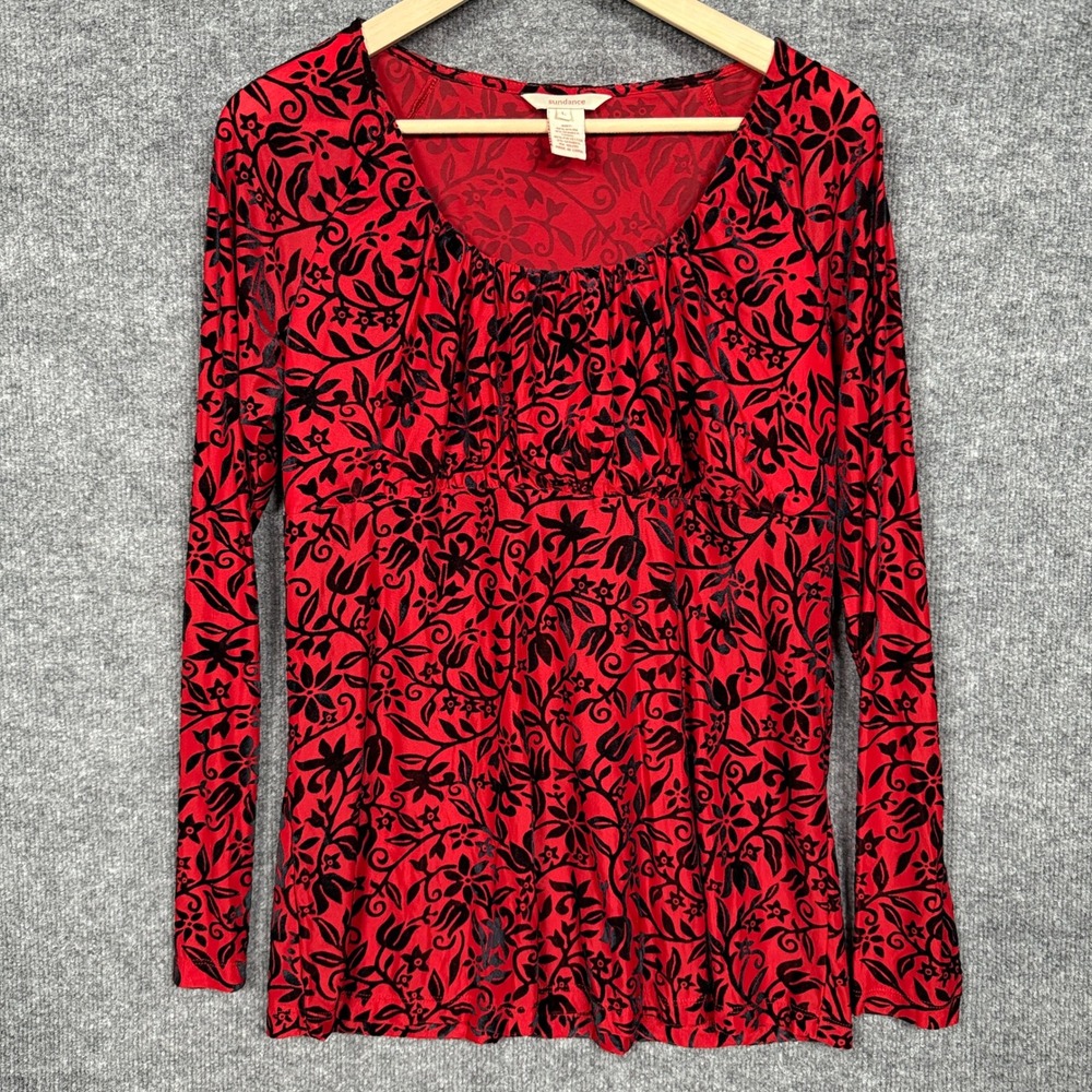 Sundance Size Large Velour Scoop Neck Top Blouse Red Black Floral Long Sleeves